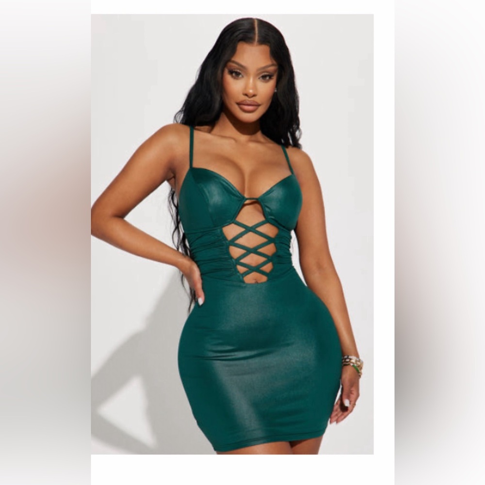 Hunter green faux leather mini dress, fashion nova size medium